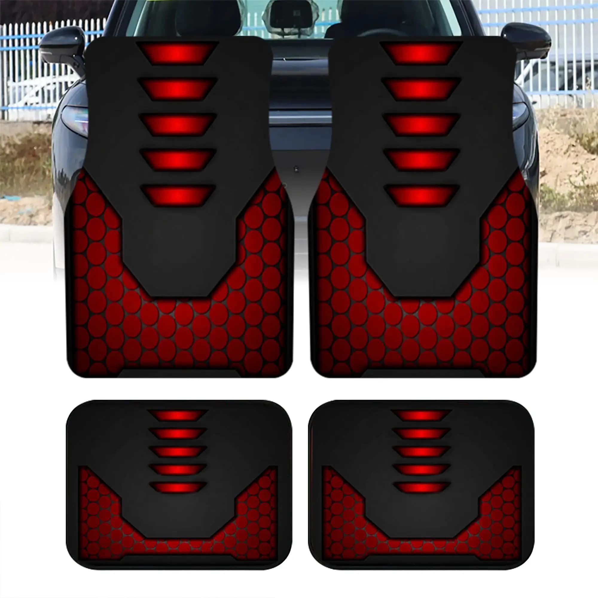 4pcs Polyester Fiber Red and Black Carbon Fiber Style Printed Car Floor Mats with Sporty Design for Universal Fit