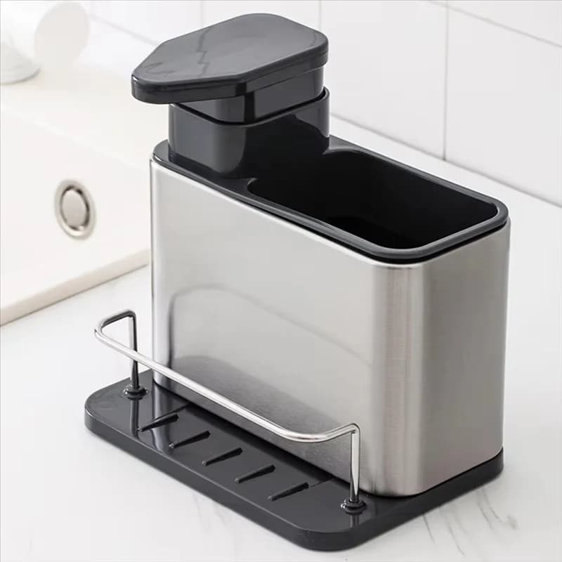 Squisito dispenser di sapone da cucina 3 in 1 con porta spugna, organizer per lavello in acciaio inossidabile, dispenser di sapone per piatti antiruggine