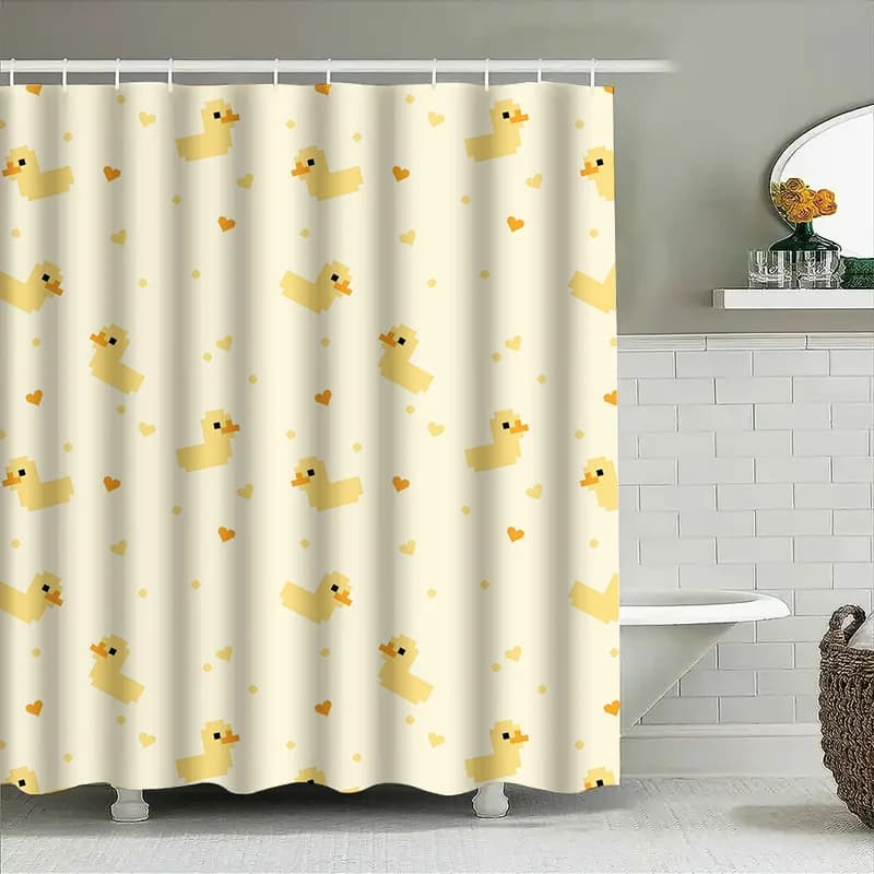 Tenda da doccia per bagno, modello di anatra dei cartoni animati con cuori per bambini, arredamento per il bagno, tessuto in poliestere impermeabile, dimensioni personalizzabili