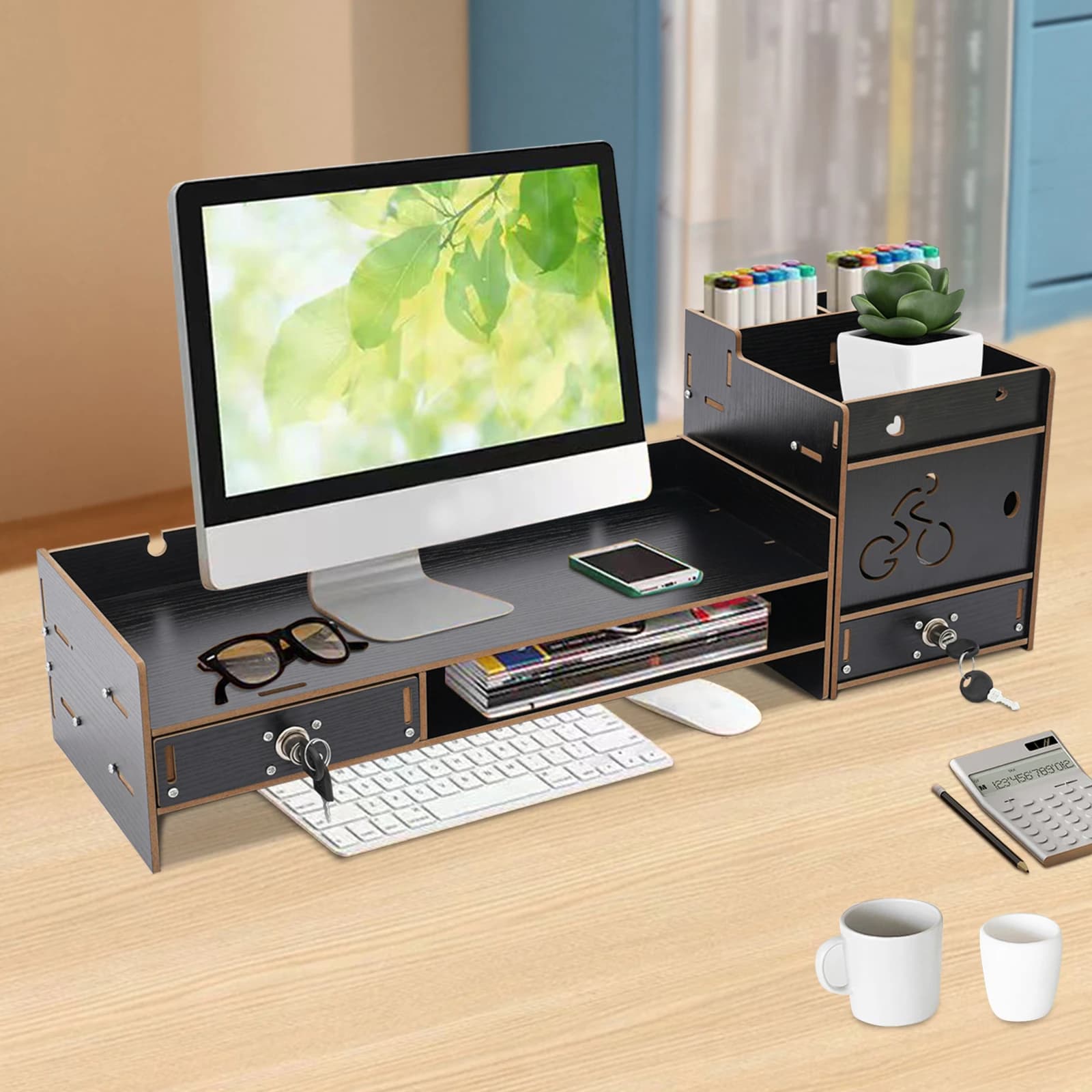 Height Adjustable Ergonomic Table Monitor Support, Storage Drawer Computer Monitor Support for Offices, Computer Rooms