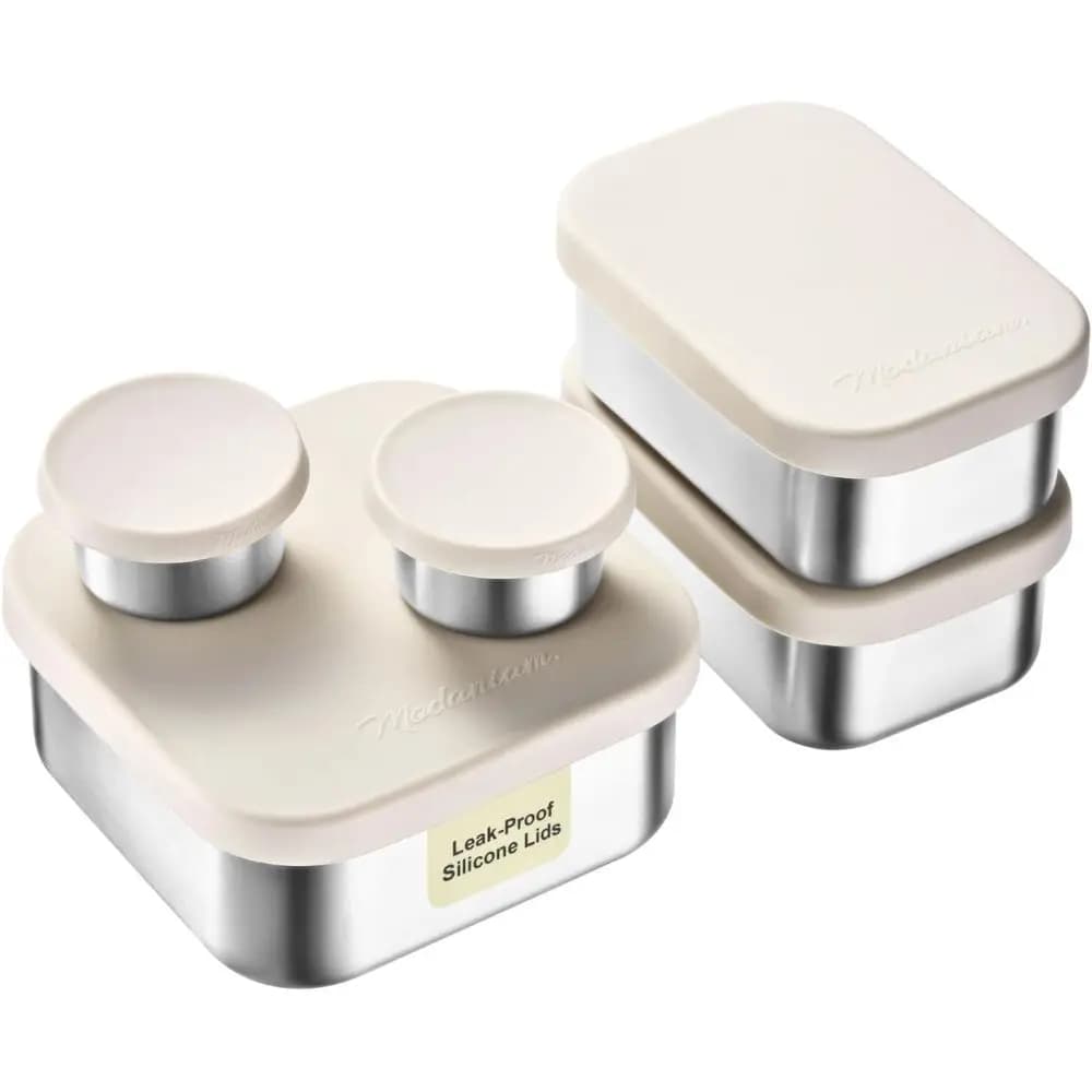 Contenitori per il pranzo in acciaio inossidabile a tenuta stagna, contenitori per sandwich e snack con coperchi in silicone, set di cinque, 1*25 OZ + 2*13 OZ