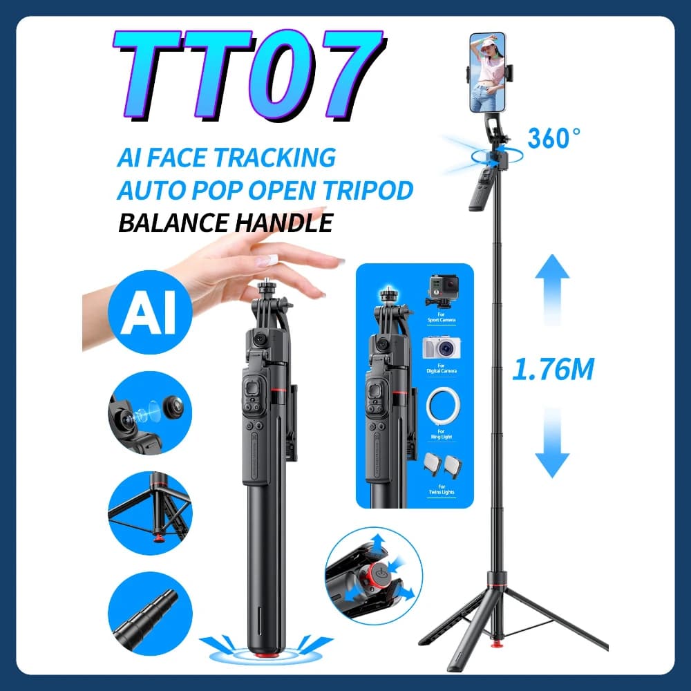 Selfie Stick telescopico da 69" 360 ° Rotazione AI Face Tracking Hanheld Gimbal per fotocamera Smartphone Treppiede pop-up automatico Supporto per telefono