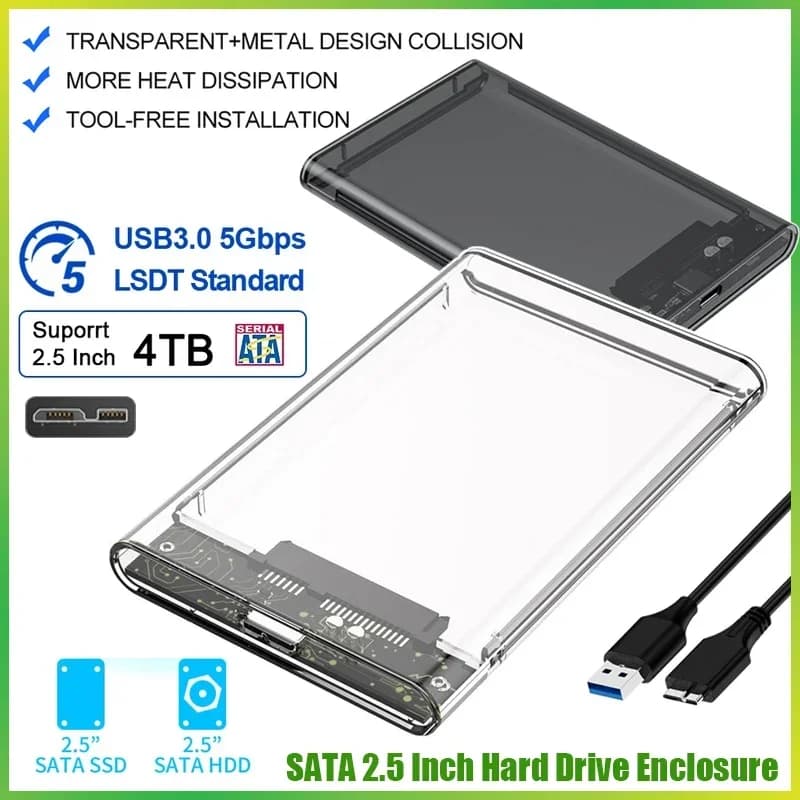 【Consegna rapida】Custodia per disco rigido esterno SSD da 2,5 pollici, custodia trasparente con cavo SATA a USB 3.0 incluso