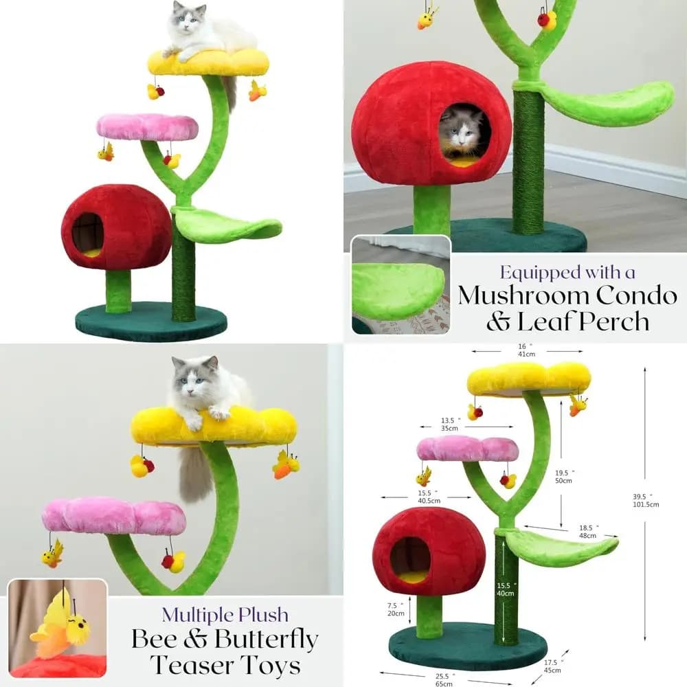 Albero per gatti colorato in stile giardino a 5 livelli con posatoi per fiori, amaca a foglie, condominio della frutta, tiragraffi in sisal, adatto per gatti