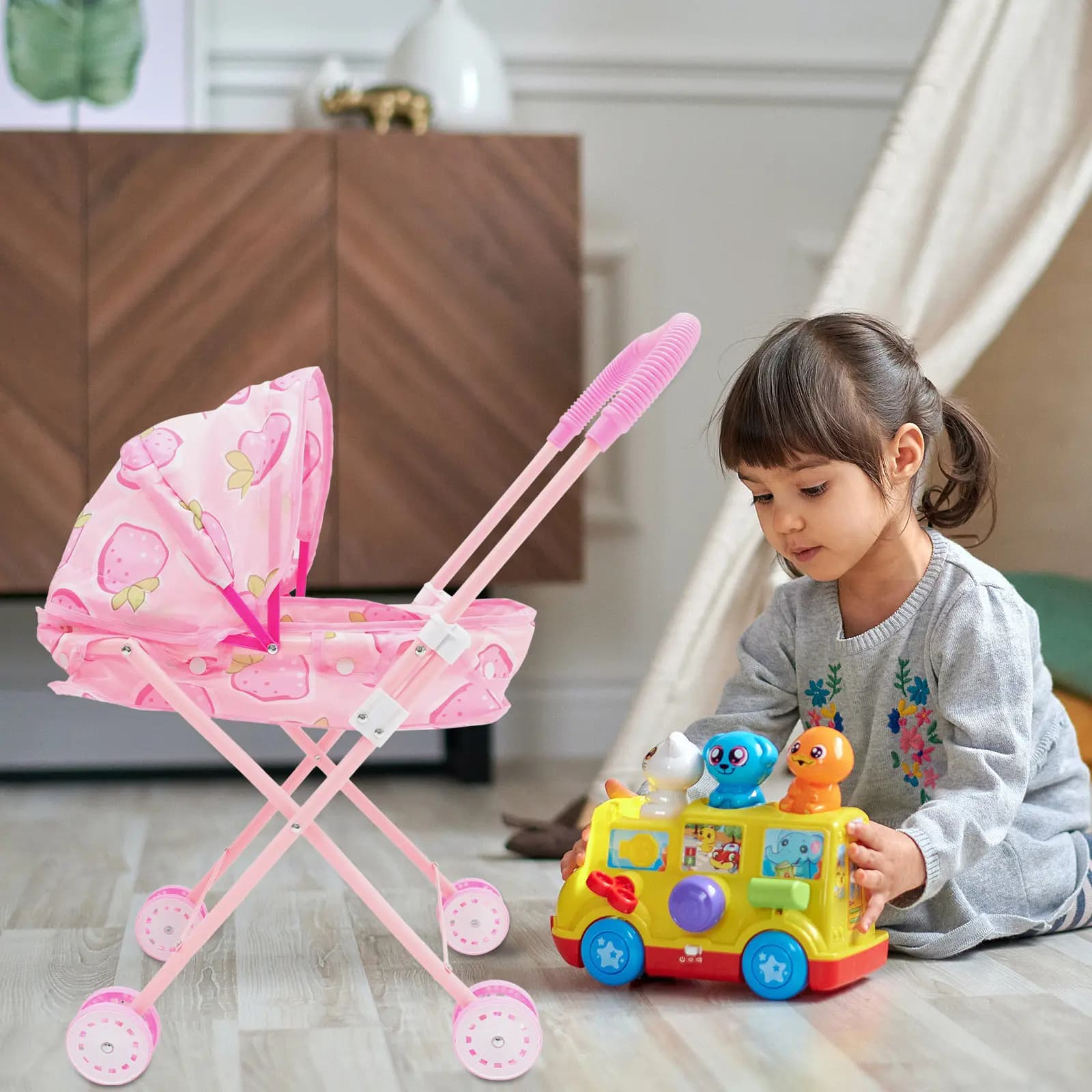 Passeggino Giocattolo per Bambini, Simulazione Leggera e Pieghevole con Ampio Spazio di Stoccaggio, Accessori per Giochi di Ruolo