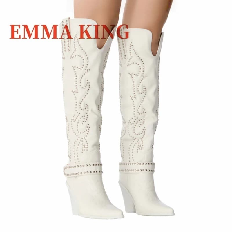 Rivet Embellished Knee High Boots Women Pointed Toe Western Cowboy Boots For Women Chunky Low Heel Cowgirl Boots Studded Boots