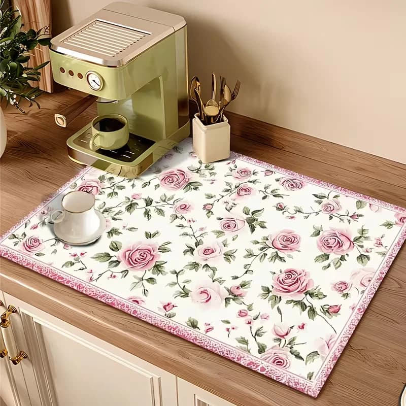 Tappetino floreale bianco con motivo rosa rosa e foglia verde, tappetino da cucina, tappetino decorativo per tavoli da caffè, sale da pranzo, soggiorni