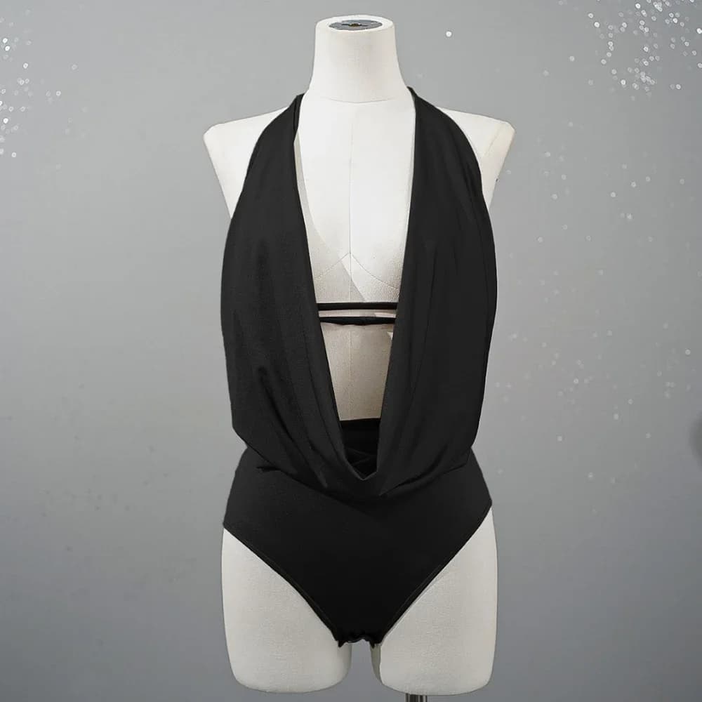 2024 Spring and Summer New Women's T-shirt Y2k Deep V Swing Neck Hanging Neck Tie Backless Body Casual Peplo Swimwear Top