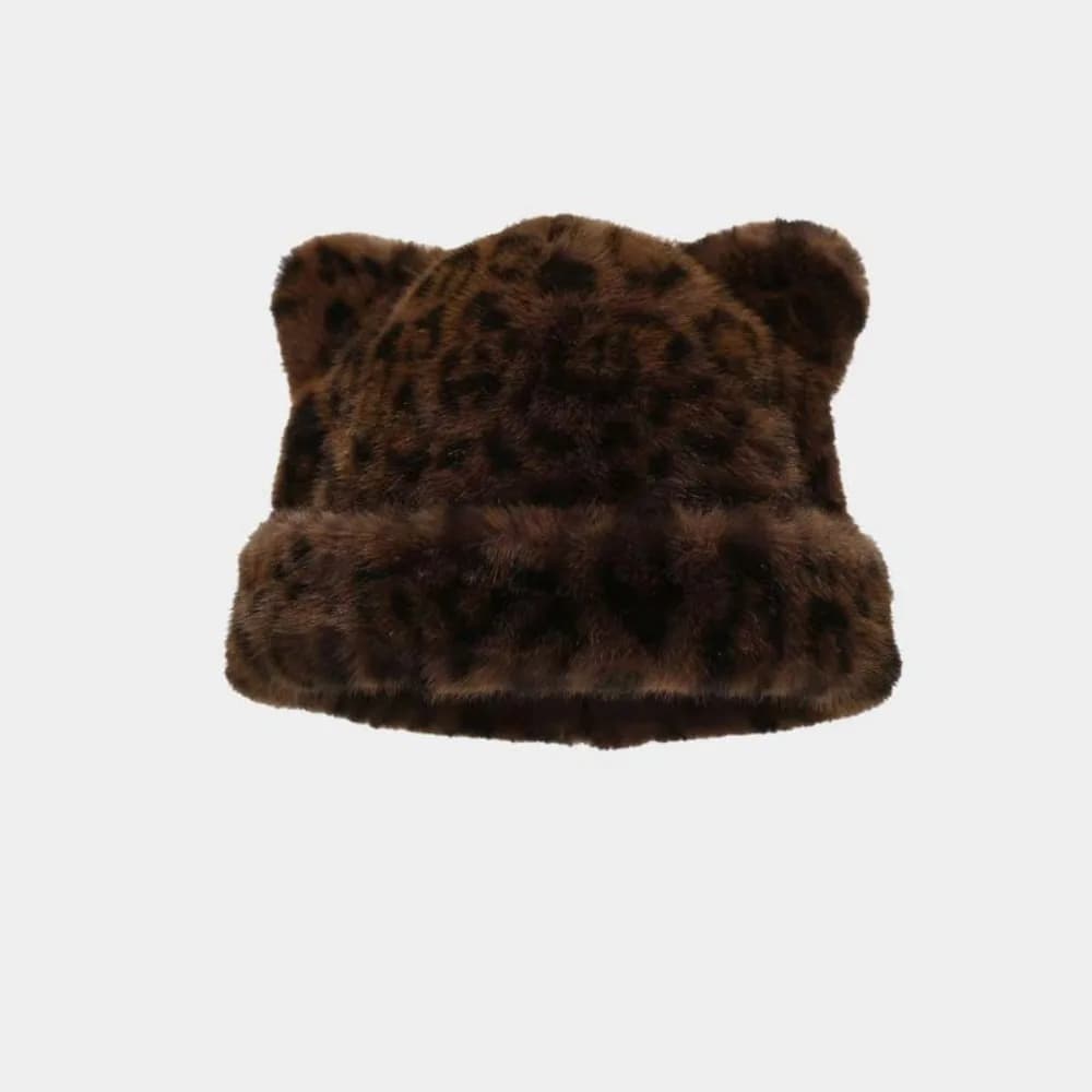 Soft Imitation Mink Fur Leopard Ear Beanie Soft Korean Style Brimless Beanie Cap Retro Elastic Plush Bear Hat Winter