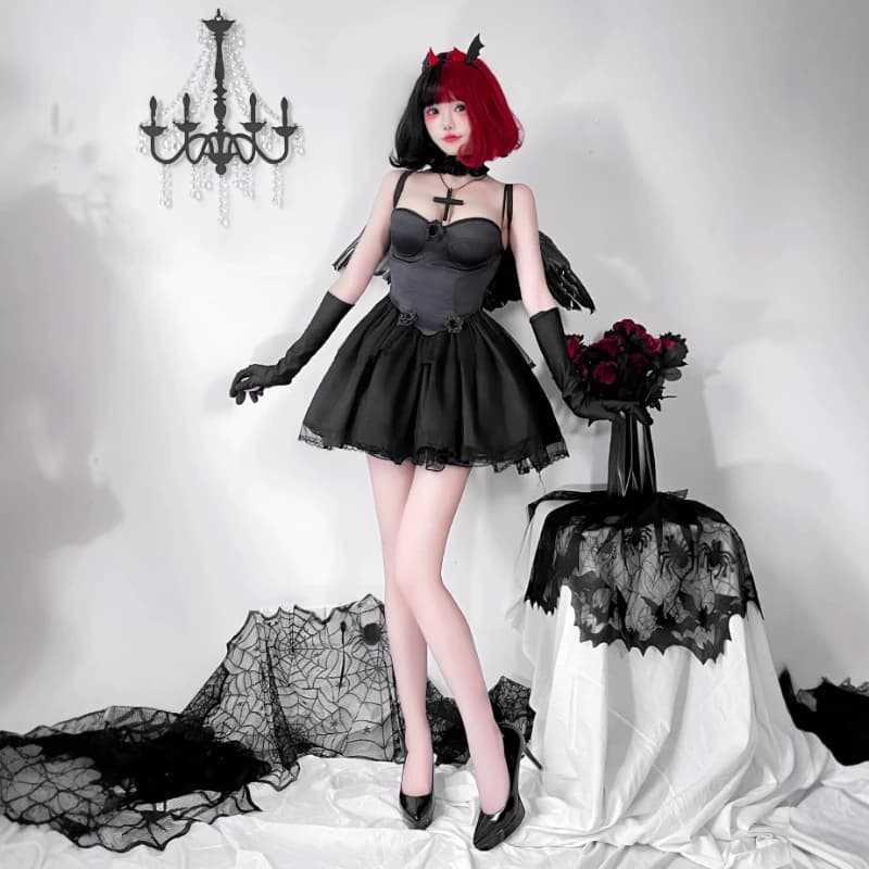 White Angel and Fallen Dark Angels Devil Ghost Bride Cosplay Dress for Women Feather Wings Elf Birthday or Halloween Party