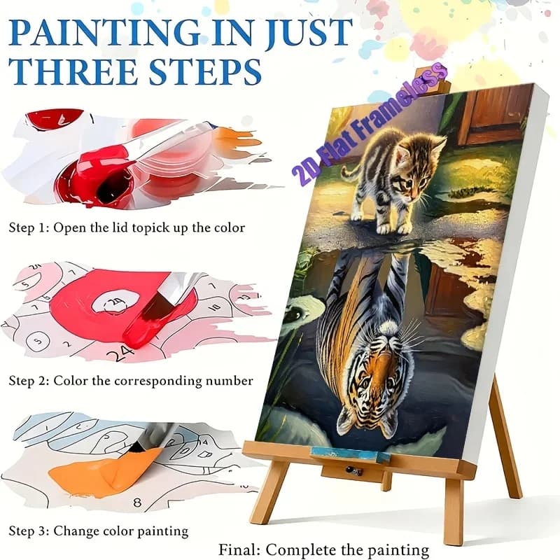 Professional Art Use 2D Flat, 1 Set of Adult DIY Paint by Numbers Kit, "Kitten and Tiger Reflection" Includes Acrylic Paints, Ca