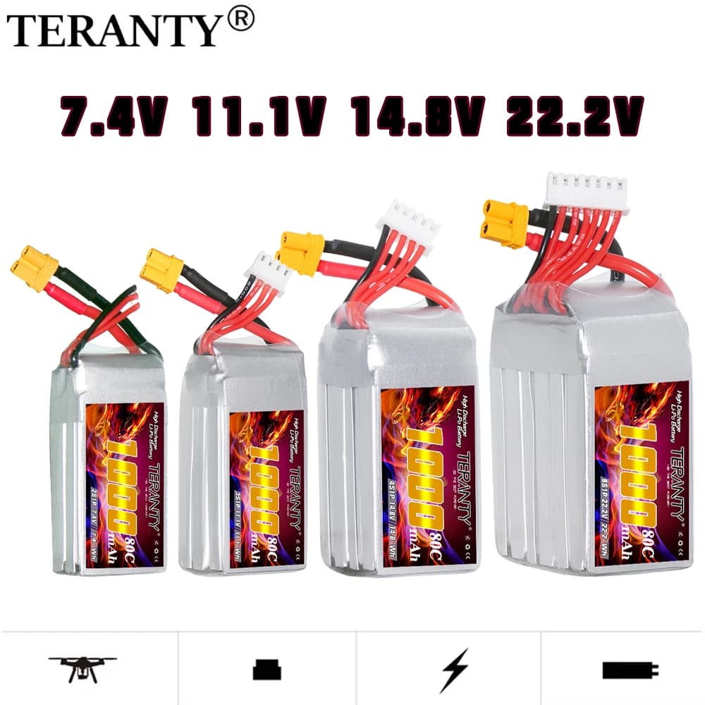 Batteria LiPo TERANTY 2S 3S 4S 6S 1000mAh 80C per Quadricottero FPV Drone, Ricaricabile 7.4V 11.1V 14.8V 22.2V