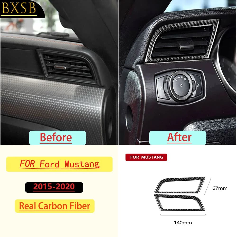 For Ford Mustang 2015-2020 Car Left Right Dashboard AC Air Vent Outlet Trim Real Soft Carbon Fiber Interior Accessories Sticker