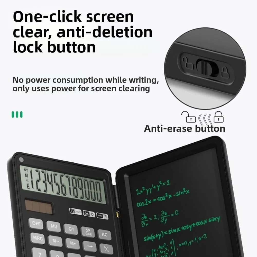 Calcolatrice Scientifica 2in1 Pieghevole con Lavagna LCD Cancellabile, Display a 12 Cifre, Funzioni Pratiche e Tablet Integrato