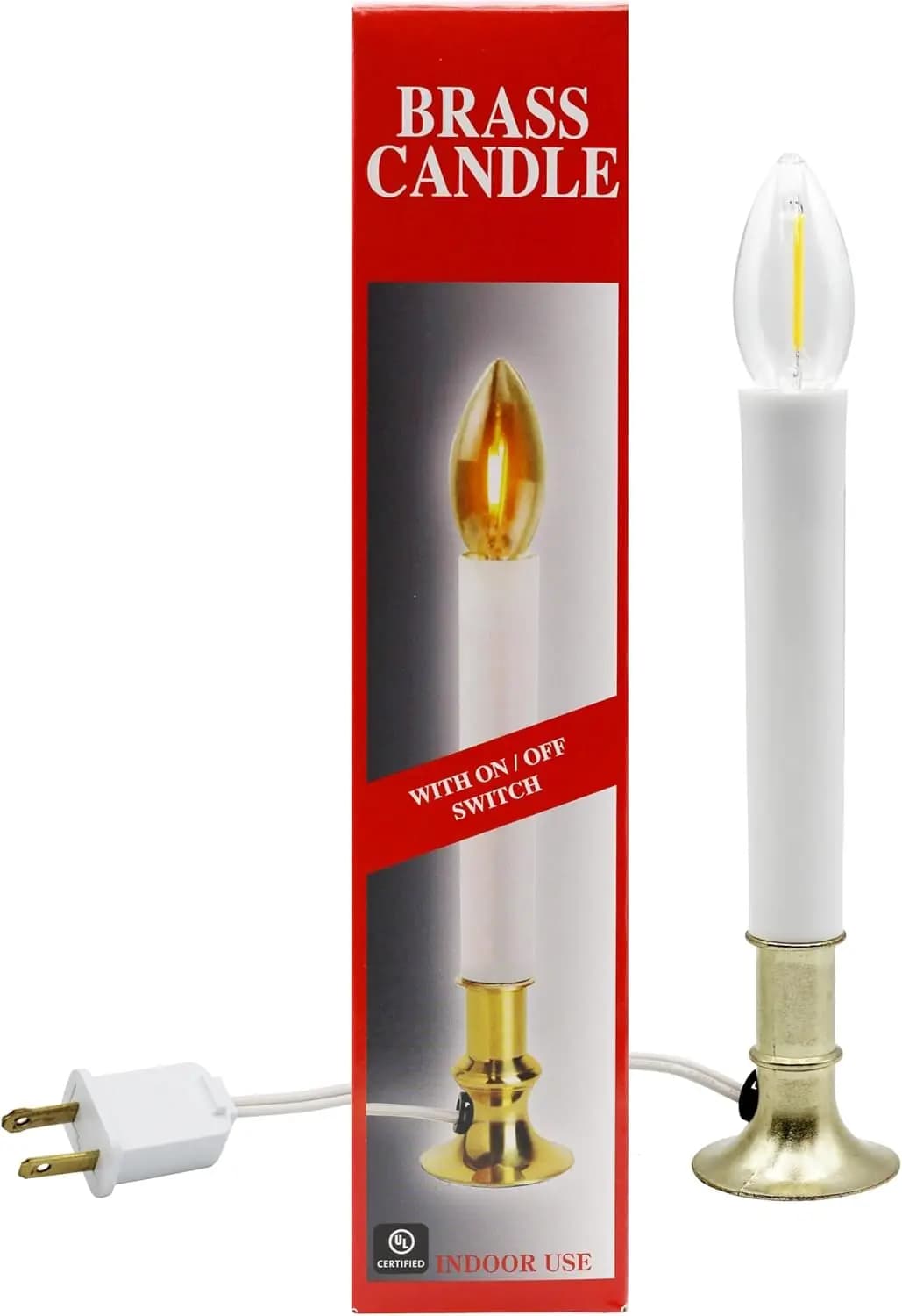Electric Candle Lamp with Brass Base, On/Off Switch, LED Bulb - Ready to Use for Home Decorations
