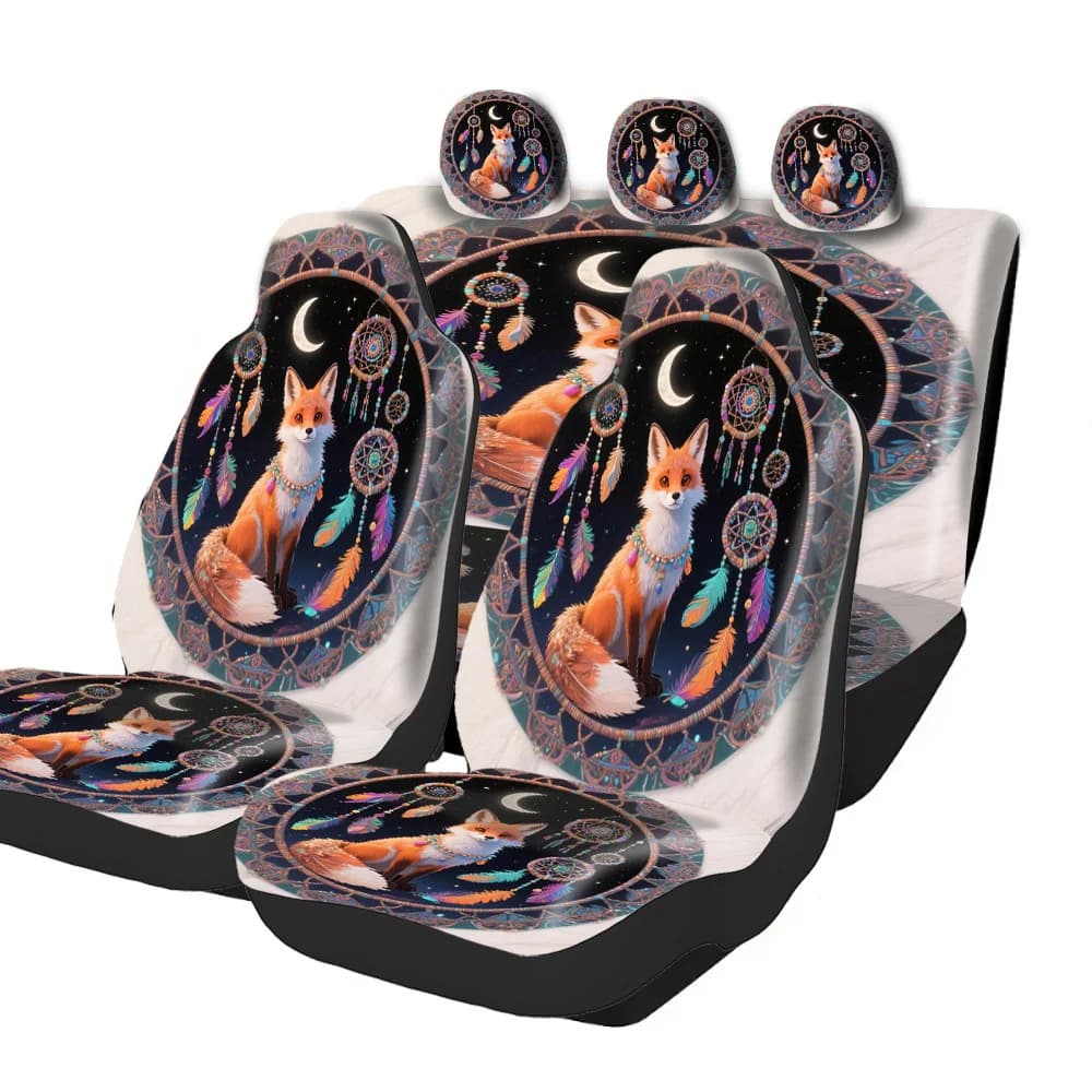 Stylish Car Seat Covers Adorned With Designs For Halloween, Christmas, New Year, And Easter, Showcasing Foxes And Dreamcatchers