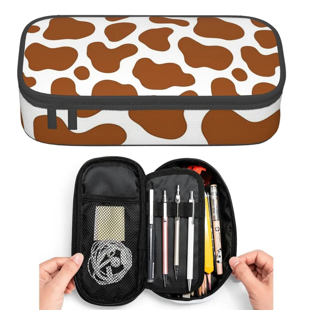 Astuccio per matite con motivo a macchie marroni di mucca, simpatico astuccio per studenti, portapenne di grande capacità