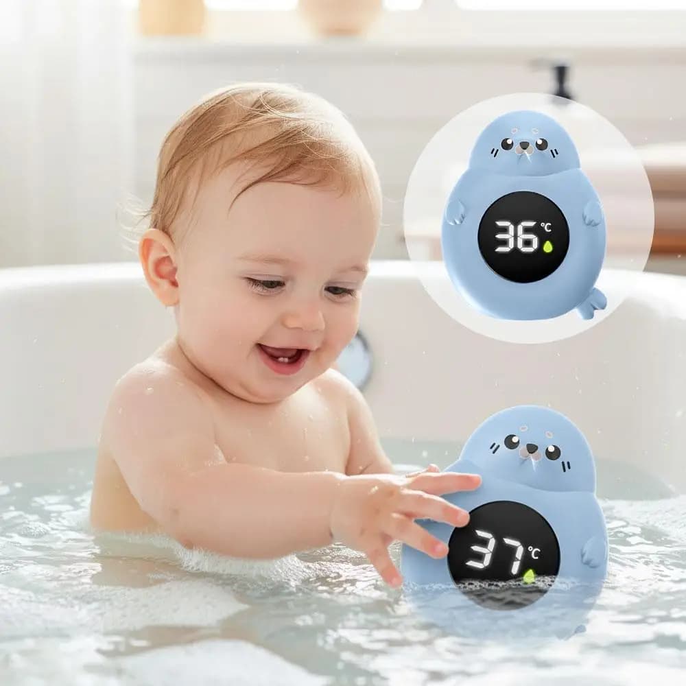 IPX7 Waterproof Baby Bath Thermometer Cute Seal Shape Digital Water Temperature Sensor with LED Display Kids Safety Bathtub Toy