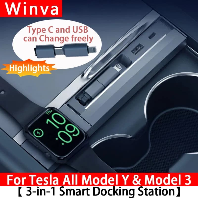 Per il nuovo hub USB Tesla Model Y/3 27W Docking station 3 in 1 con cavo retrattile Supporto ricarica wireless di Apple Watch