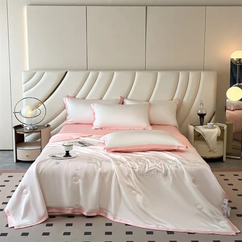 Summer cover set in embroidered washed silk, 4 pieces, for single bed, fresh, washable in washing machine, with sheet and pillowcase