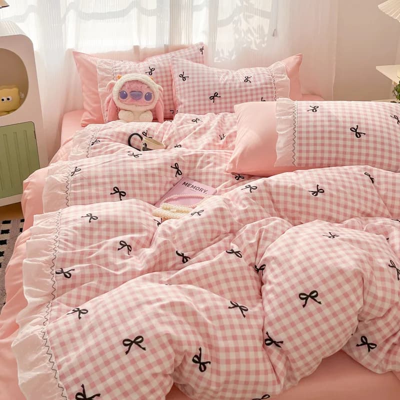 Set di Biancheria da Letto Stile Coreano con Fiocco Rosa, Nuova Collezione 2026, Set Lenzuola per Letto Singolo, Matrimoniale e Queen Size, Set Copripiumino Morbido con Federe