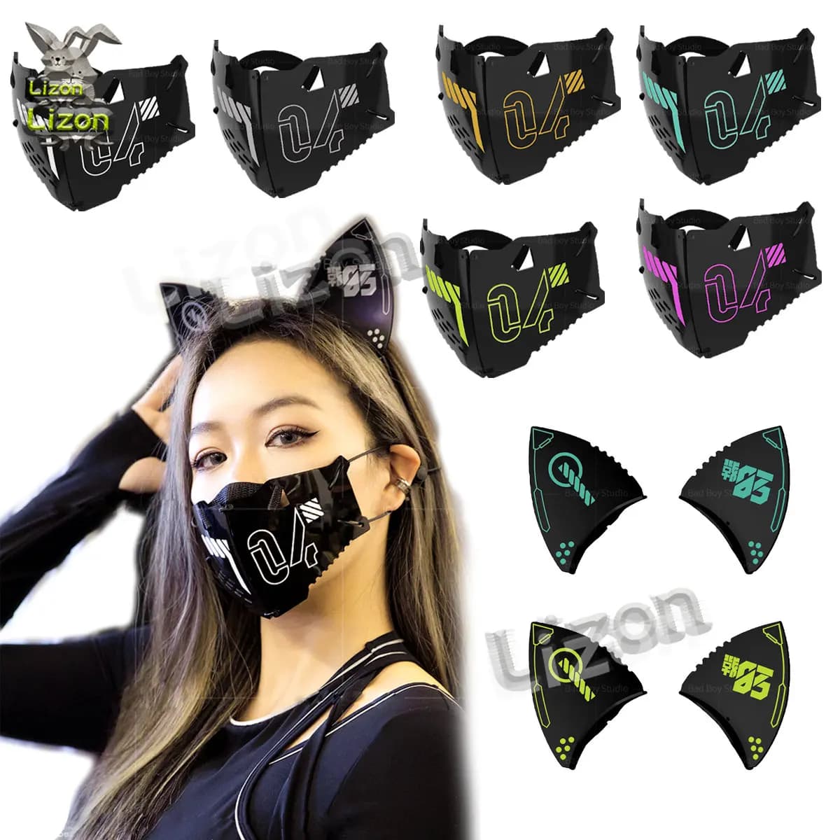Cyber Punk Cosplay Mask casco da moto maschera per il viso acrilico orecchie di gatto cerchietto per capelli accessori per Festival di musica per feste
