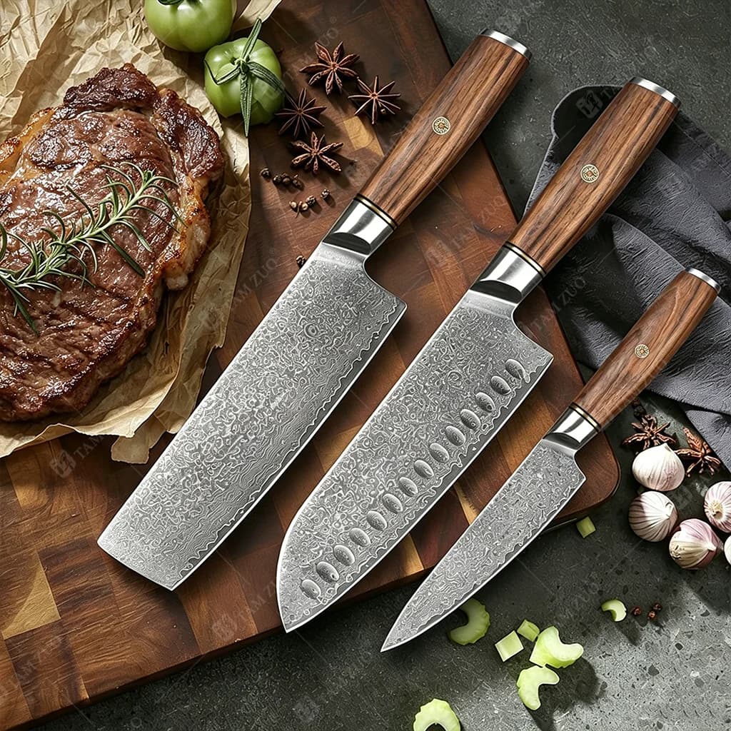 TAMZUO Japanese Meat Cleaver Santoku Knife Damascus Steel Kitchen Knives Set Fruit Knife Professional Chef's Knife