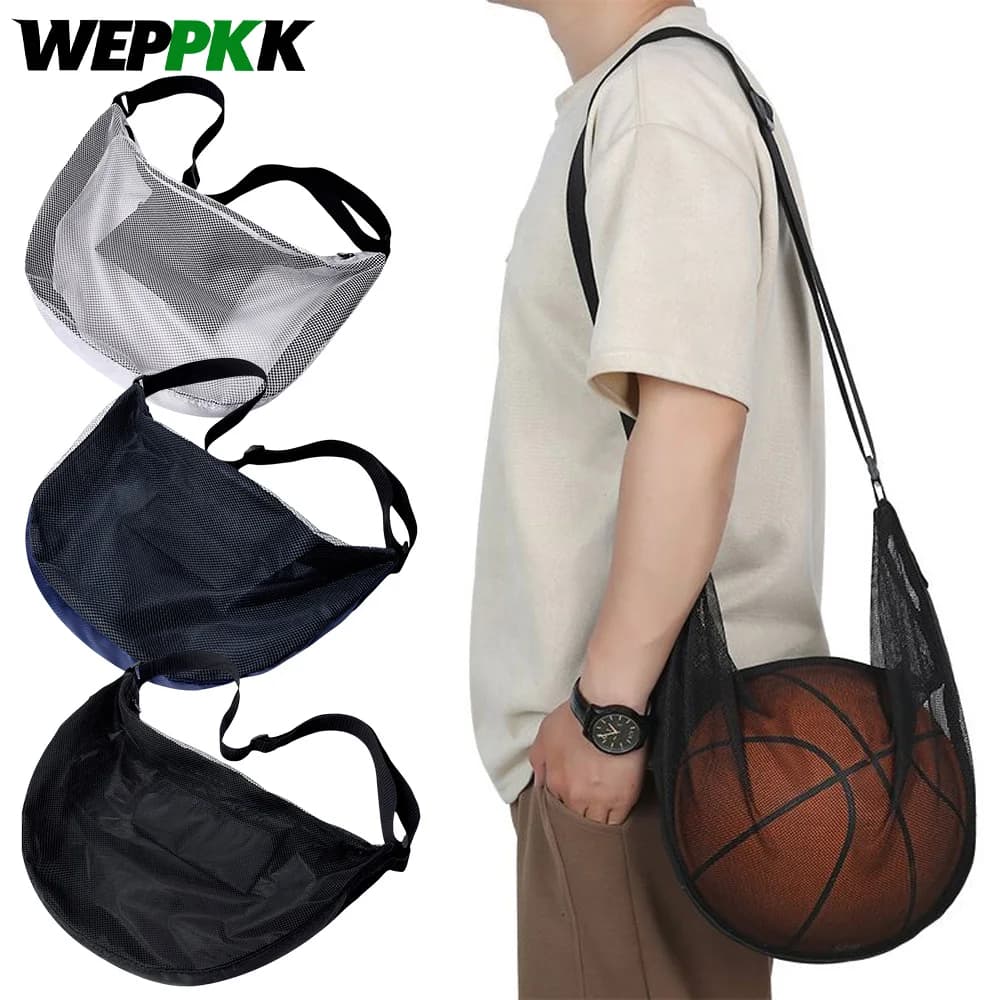 1 piece mesh single ball bag, foldable sports ball bag with adjustable shoulder strap for basketball, volleyball, football, rugby