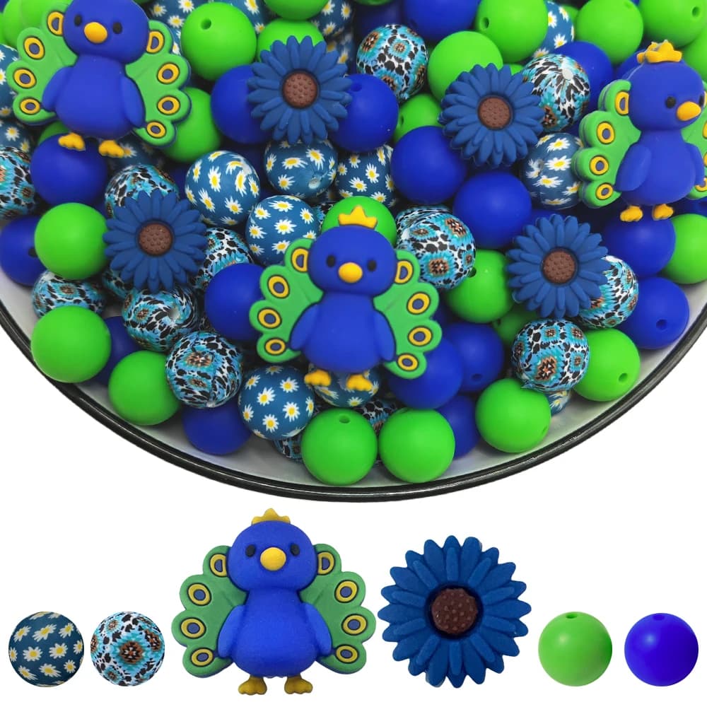 34Pcs Peacock Daisy Silicone Beads Set DIY Beaded Necklace Bracelet Decoration Pen Jewelry Pendant Etc. Holiday Birthday Gift
