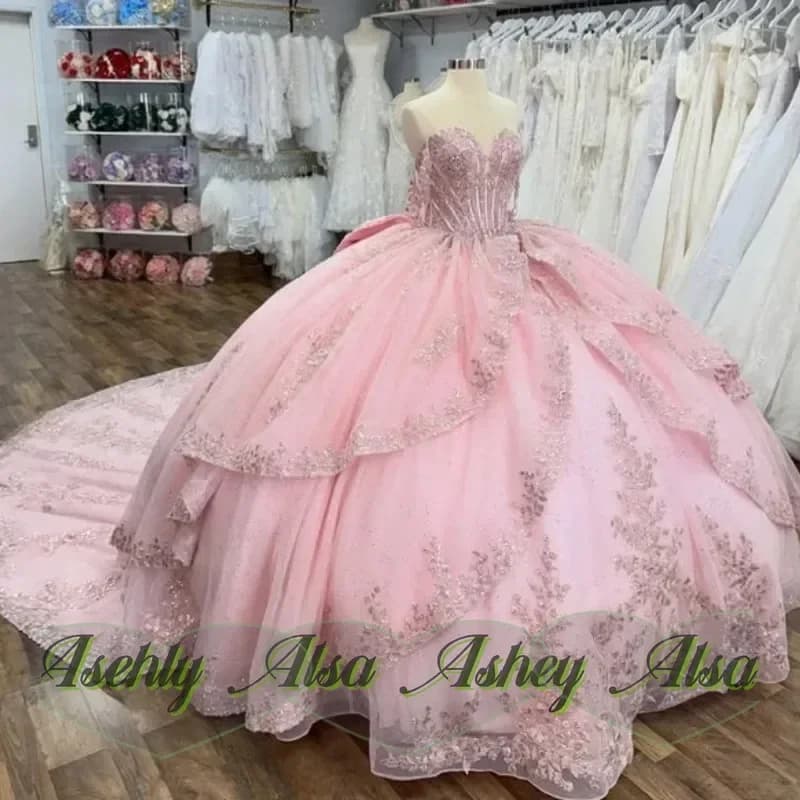 Pink Ball Gown Quinceanera Dresses Applique Lace Beading Crystal Bow Tull Corset Off Shoulder Sweet 16 Dress vestidos 15 De Anos