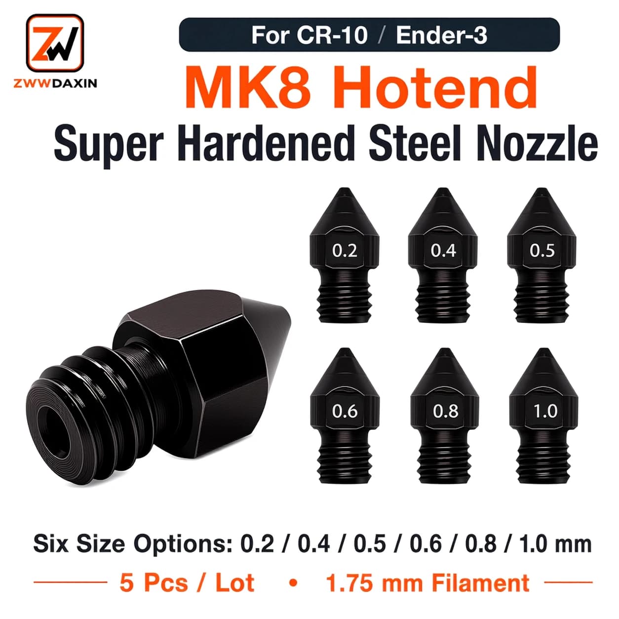 Ugello in acciaio super temprato MK8, 5 pz/lotto, per Reprap, 1.75mm, 0.2/0.4/0.5/0.6/0.8/1.0mm, per Hotend Stampanti 3D CR10 Ender3