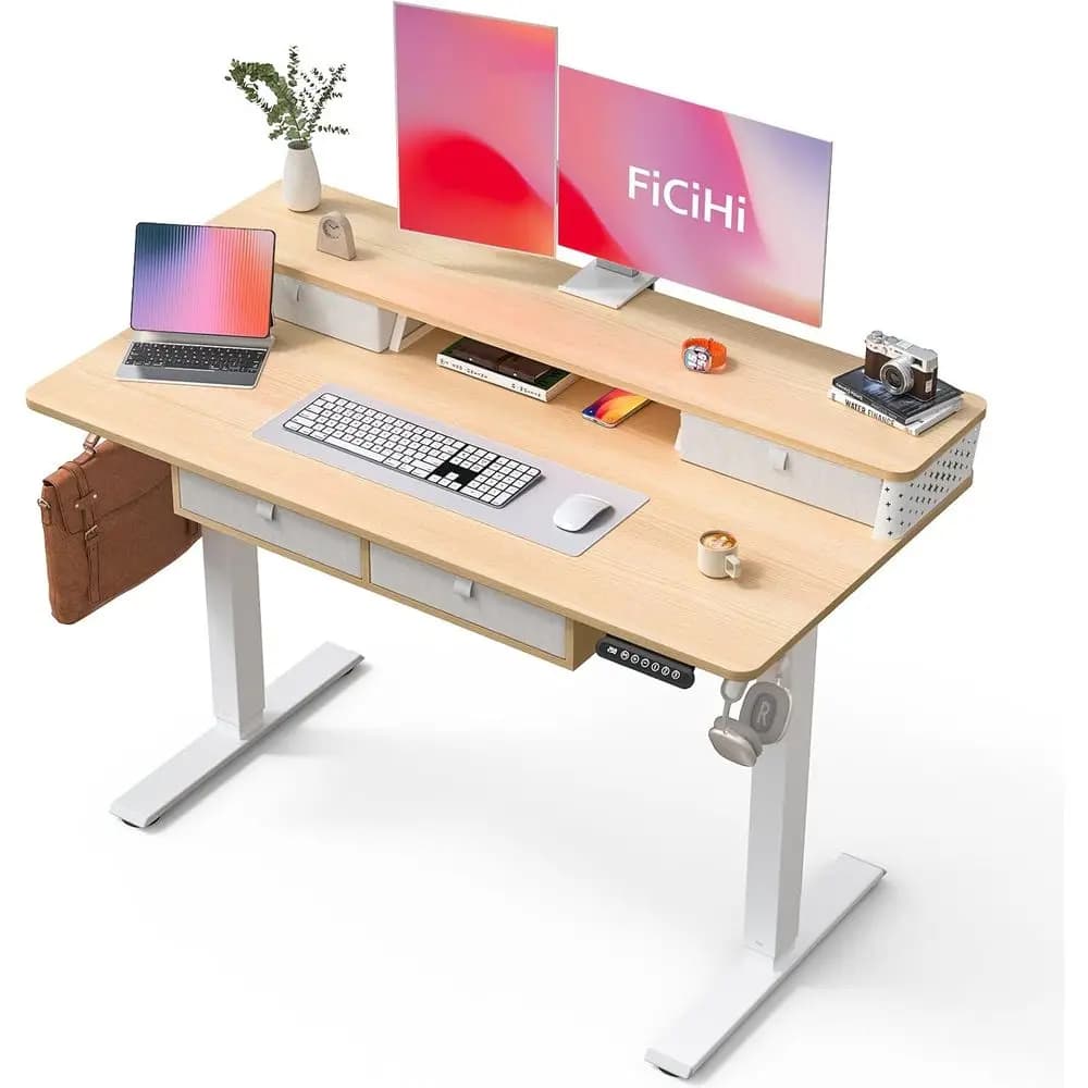 Adjustable Height Electric Standing Desk, 48x24 Sit-Stand Desk with Storage Shelf & Monitor Riser, Maple Finish
