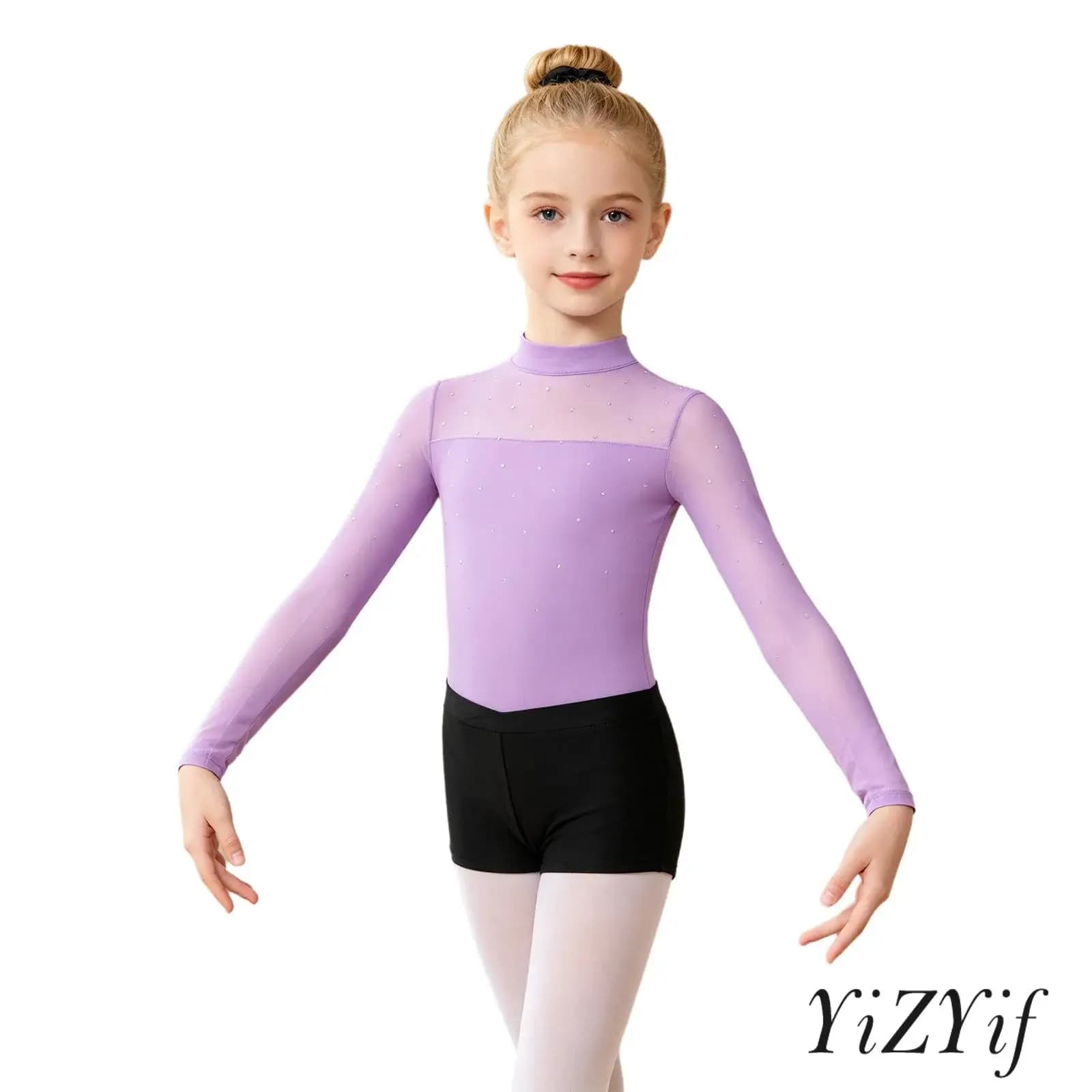 Rhinestone Figure Ice Skating Dance Set for Kids Girls Long Sleeve Yoga Ballet Dance Leotard Bodysuit with Shorts and Hair Band