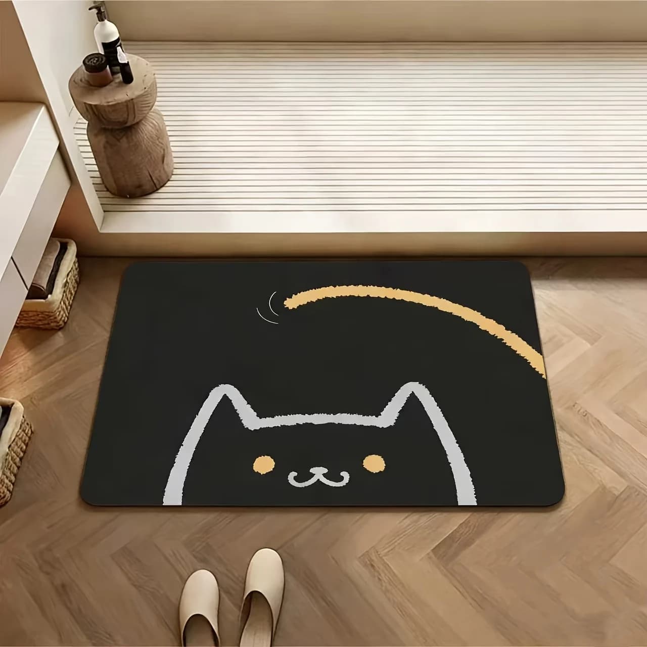 Cute Cat Door Mat, Black Floor Mat, Minimalist Animal Print Rug, Non-Slip Entrance Carpet, Modern Home Decor