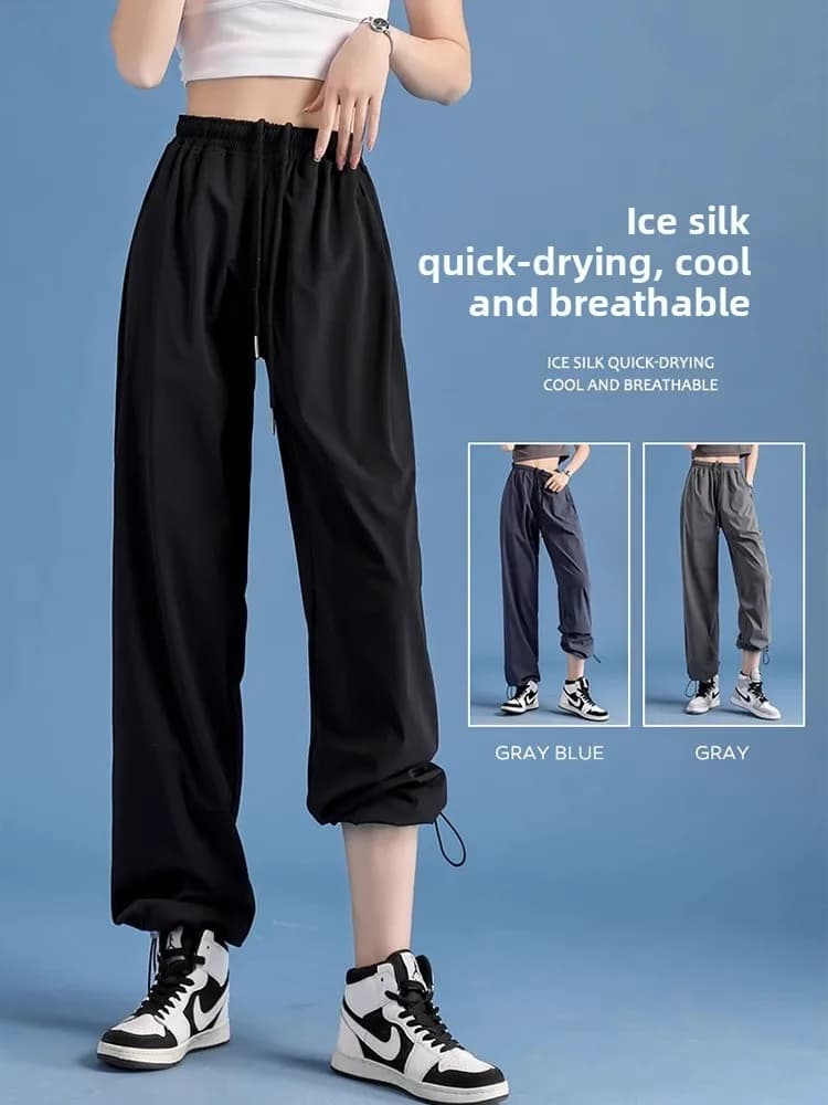 Pantaloni sportivi a gamba larga in seta ghiaccio a rapida asciugatura per donna taglie forti, estivi, leggeri, casual, anti-zanzare, protezione solare