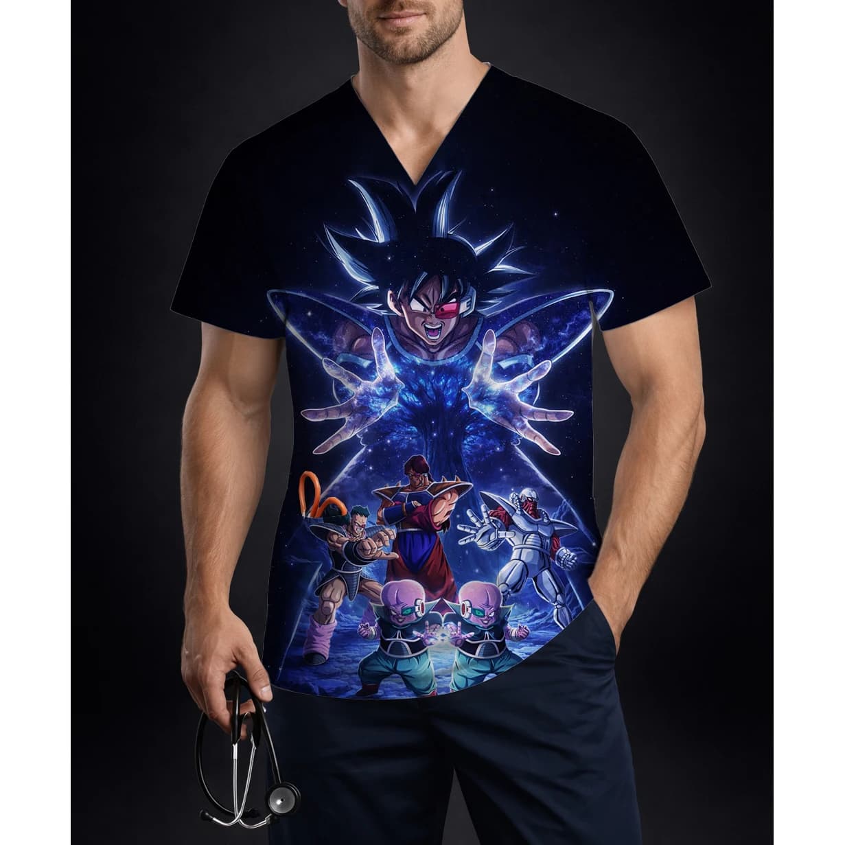 Men's Dragon Ball Anime Scrub Top V Neck Short Sleeve Pocket Nursing Uniform Medical Workwear Nurse Shirt Clinic Tee