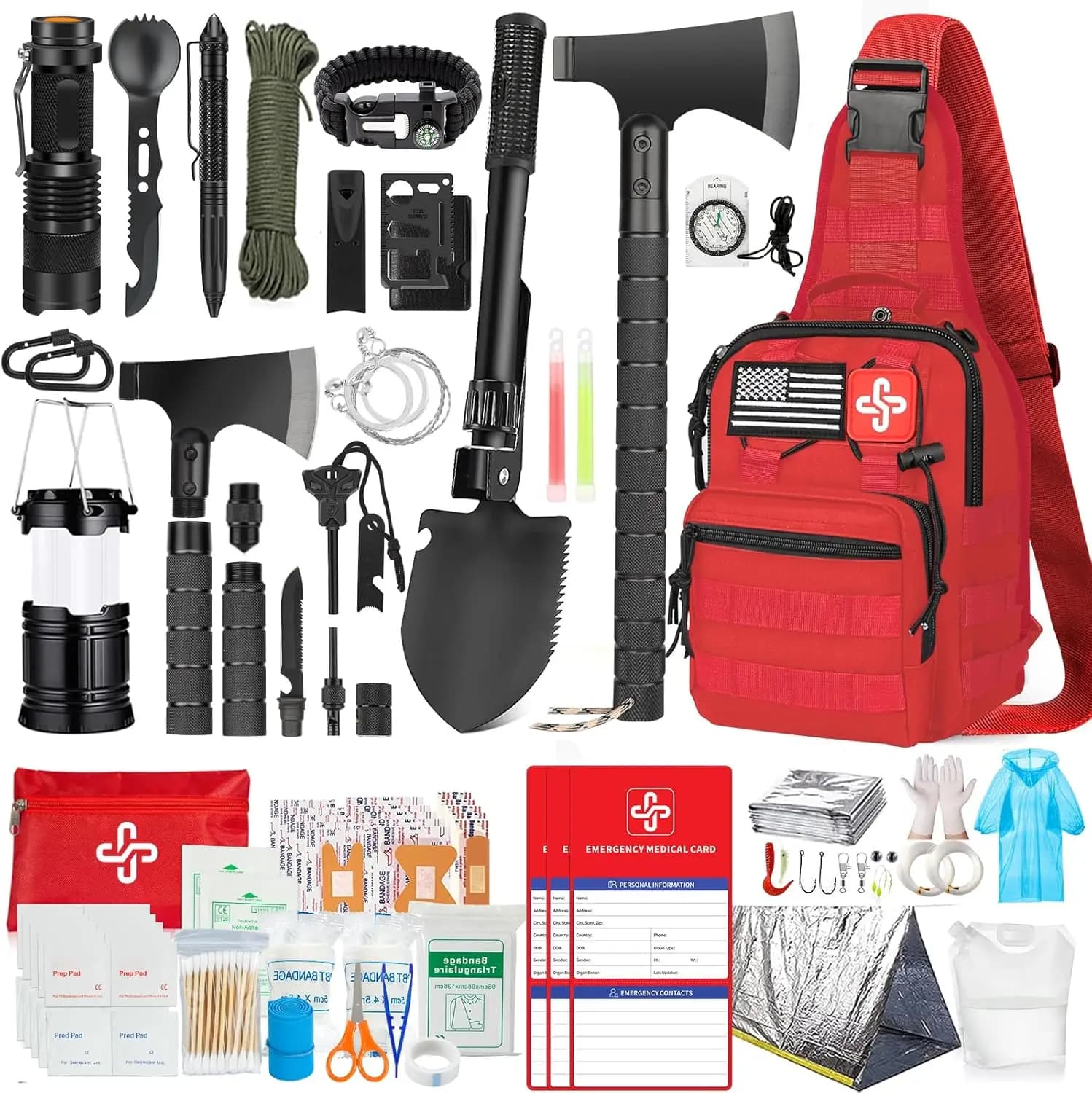 Kit di Sopravvivenza da 262 Pezzi con Pronto Soccorso, Tenda, Ascia e Pala - Forniture di Emergenza per Campeggio per Uomini e Donne