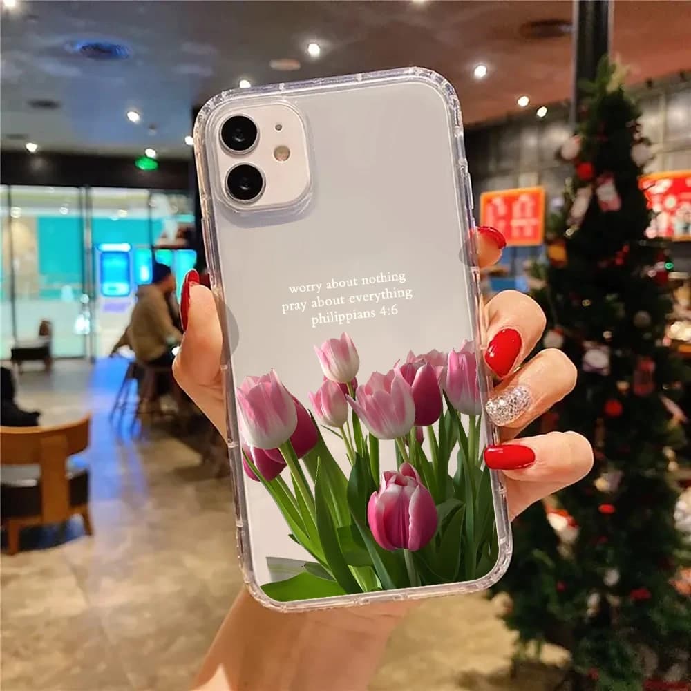 Pink Tulip Pattern Clear Phone Case For iPhone 11‑18 Pro Max TPU Soft Airbag Shockproof Case Large Camera Cutout Shell