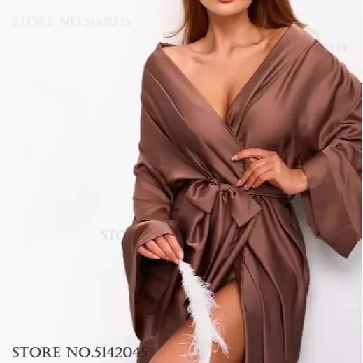 Fashion Women's Ice Silk Dress Long Home Hot Vestal With V-neck Kimono Bathrobe Summer Spring Dress Trained Night Shirts