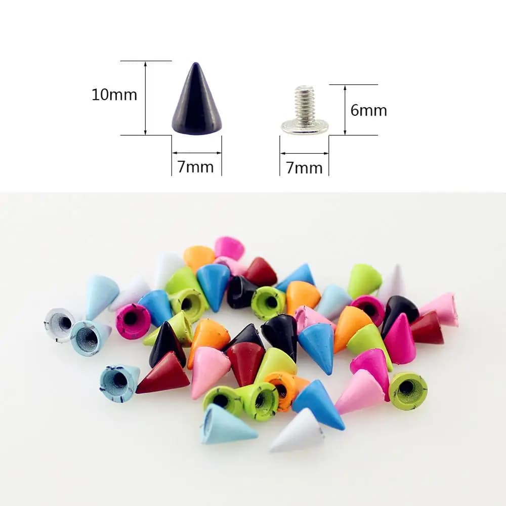 50 set di borchie e punte coniche colorate da 7*10mm per abbigliamento, rivetti fai da te per borse in pelle, scarpe, tachuelas, accessori per abbigliamento