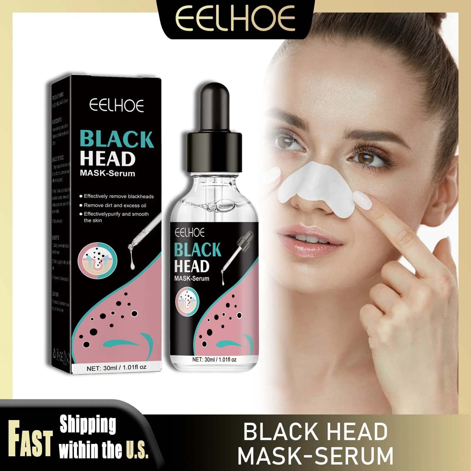 EELHOE Maschera Siero per Punti Neri 30ml, Riduce i Pori, Purifica, Leviga la Pelle, Riduce l'Acne, Delicato, Sblocca Istantaneamente i Pori, Cura della Pelle del Naso