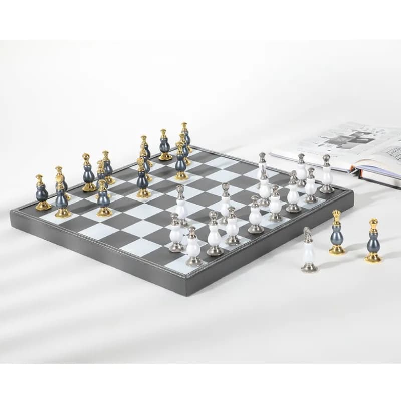 Excellent texture MDF chess set, leather pieces elegant design, chessboard with exquisite carvings collectible model