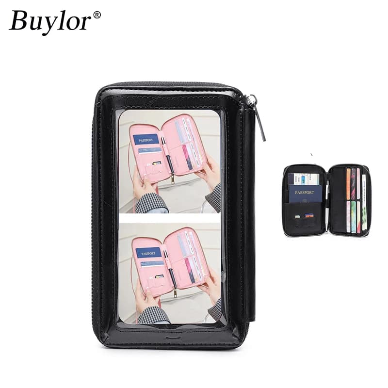 Buylor Nuova borsa per telefono con touch screen RFID Portafoglio per passaporto multifunzionale Borsa per documenti Borsa a tracolla versatile da donna
