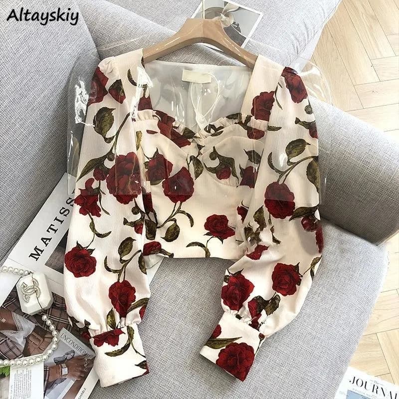 S-3XL Rose blouses for Women Sexy Slim V-neck long sleeves soft Blusas aesthetic retro Vintage top Ropa Mujer Korean fashion