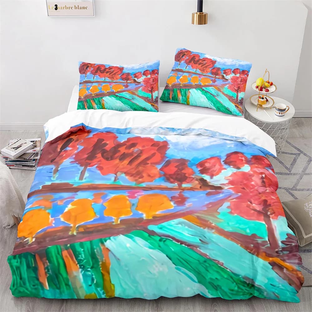 Set duvet with oil painting Rose cherry blossoms Tree flowers Polyester cover King Queen Full Size for Girls Boys Kid