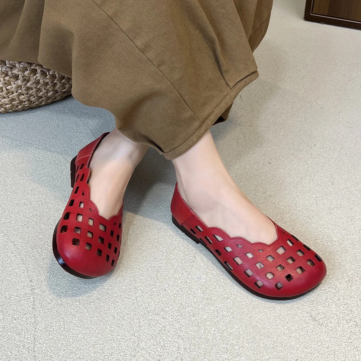 Birkuir Slip On Hollow Out Shoes For Women Low Heel Flats Soft Soles Genuine Leather 2026 Round Toe Casual Ladies Loafers Shoes