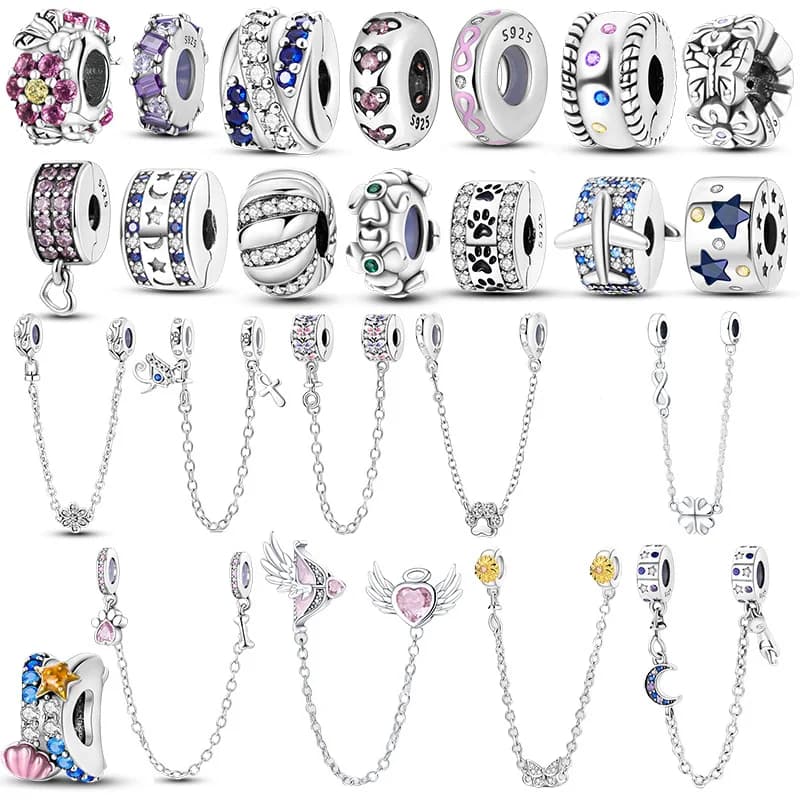 Ciondoli con clip distanziatrice Catena di sicurezza Argento sterling 925 Amore Margherita Cuore Pendenti con ciondoli Misura foro da 4 mm Bracciale con diamanti Gioielli Regalo fai da te