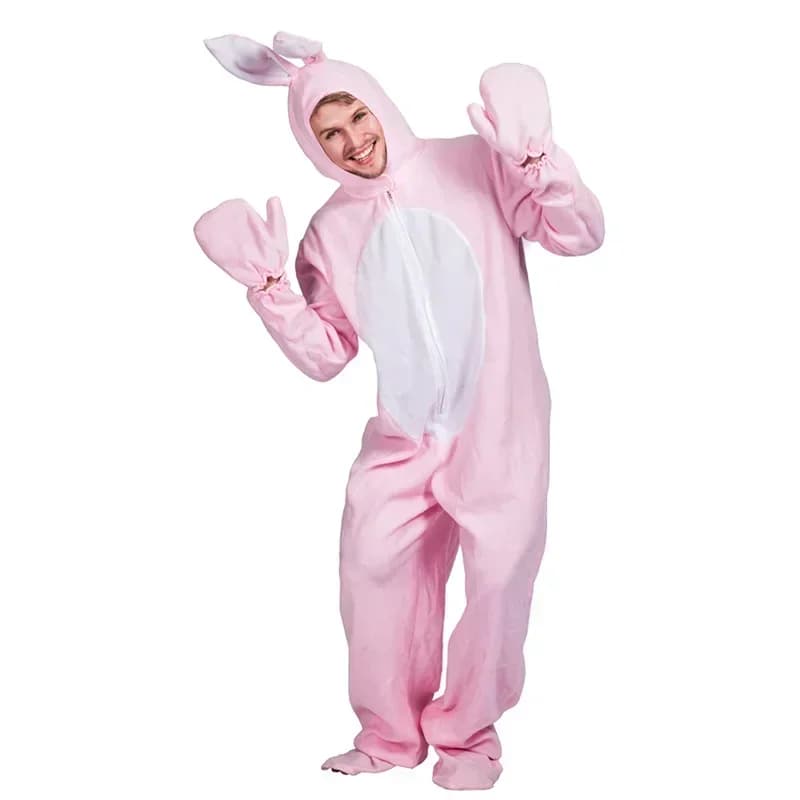 Festival cosplay di animali da uomo Tuta da coniglietto pasquale Costume di Natale di Halloween Vestito da carnevale per adulti con coniglio rosa