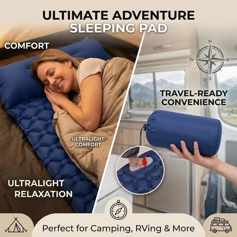 Outdoor Camping Inflatable Sleeping Pad with Pillows Ultralight Folding Air Mattress for Travel Hiking Beach Portable Sleep