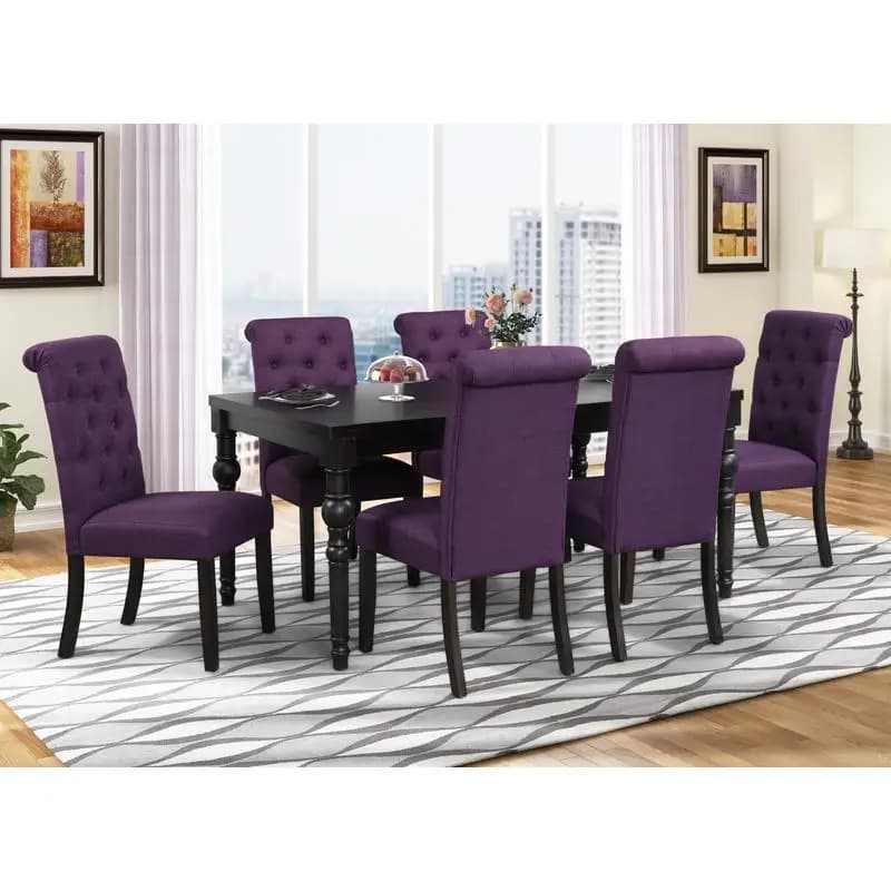 Set da pranzo con gambe sventate in legno stile urbano, lavaggio scuro, con tavolo e 6 sedie